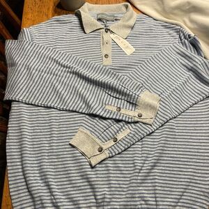 Hickey Freeman Collared Sweater Blue Gray Stripped Size Large